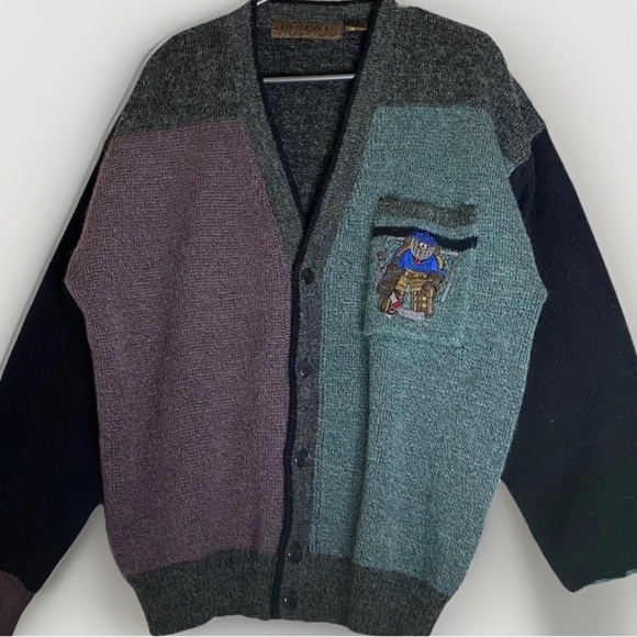 Leo Chevalier Vintage Embroidered Wool Cardigan Mens Sz M Hockey Dog Sports - Picture 1 of 7
